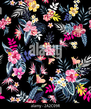 Couleur transparente des fleurs tropicales pour l'industrie textile ; Hawaiian style rétro style vintage, arrangement de fleurs sur fond noir. Banque D'Images