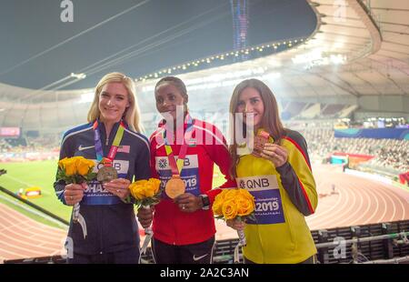 De gauche à droite Emma COBURN (USA / 2e place), vainqueur Joseph CHEPKOECH / KEN (1e place), GESA Felicitas Krause (Allemagne / 3ème place) avec des médailles, médaille, bronze. 3000m femmes Rallye de Femmes, sur 01.10.2019 Championnats du monde d'athlétisme 2019 à Doha / Qatar, à partir de la 27.09. - 10.10.2019. Dans le monde d'utilisation | Banque D'Images