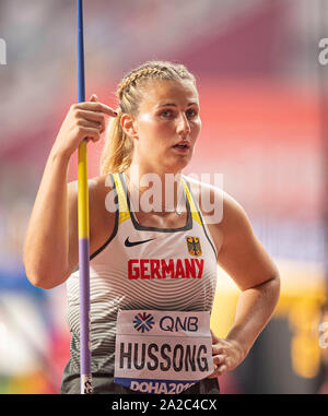 Doha, Katar. 06Th Oct, 2019. Christin HUSSONG (Allemagne/4e place) la finale des femmes javelot, sur 01.10.2019 Championnats du monde d'athlétisme 2019 à Doha/Qatar, à partir de la 27.09. - 10.10.2019. Utilisation dans le monde entier | Credit : dpa/Alamy Live News Banque D'Images