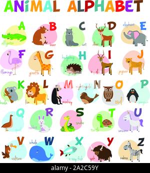 Cute cartoon alphabet illustré zoo avec animaux drôles. Alphabet anglais. Apprendre à lire. Vector illustration isolé. Illustration de Vecteur