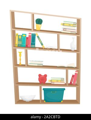 Bibliothèque avec livres, bougies, vases et autres accessoires. Télévision vector illustration. Illustration de Vecteur