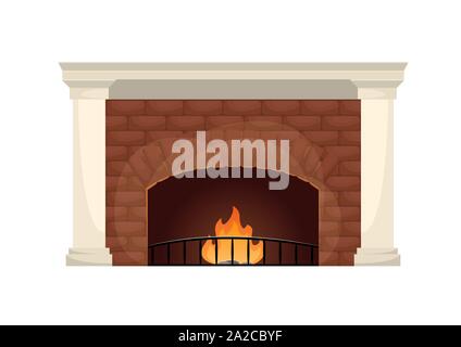 Cheminée en briques dans un style classique avec des éléments décoratifs blancs. La chaleur de l'incendie dans l'appartement. Vector illustration isolé. Illustration de Vecteur