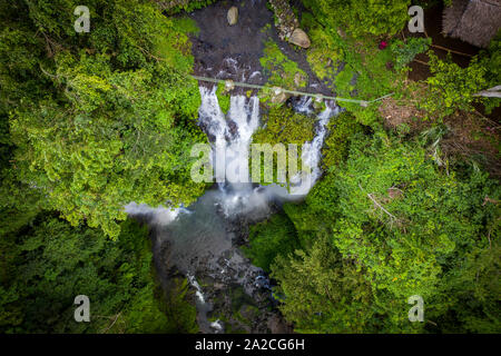 Vue aérienne à bas droit une cascade en forêt tropicale dense à Bali, l'Asie Banque D'Images