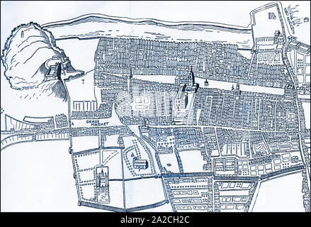 Une vieille carte de la ville d'Édimbourg, l'(l'Athènes du Nord"), Ecosse, montrant le marché de l'herbe, le château et les remparts de la ville Banque D'Images