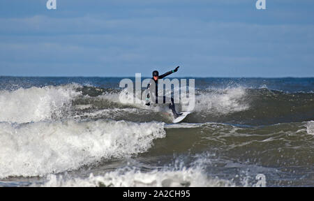 Belhaven Bay, Dunbar, Écosse, Royaume-Uni. 2 octobre 2019. Les surfeurs se promèdent sur les hautes vagues de l'épaule à Belhaven, à 14 degrés de température sur terre et de mur à mur soleil. Banque D'Images