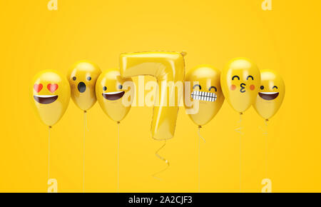 Jaune numéro 7 anniversaire ballons visages emoji. 3D Render Banque D'Images