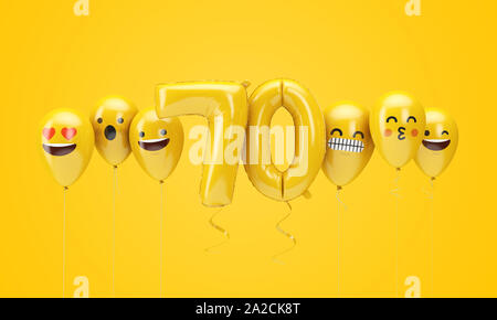 Nombre 70 ballons anniversaire jaune visages emoji. 3D Render Banque D'Images