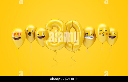 Numéro 30 ballons anniversaire jaune visages emoji. 3D Render Banque D'Images