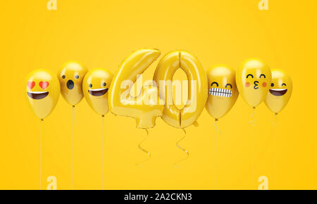 Numéro 40 ballons anniversaire jaune visages emoji. 3D Render Banque D'Images