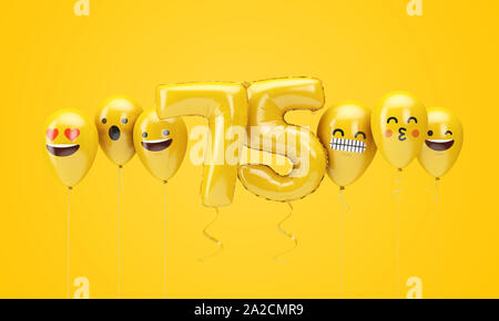 Nombre 75 ballons anniversaire jaune visages emoji. 3D Render Banque D'Images