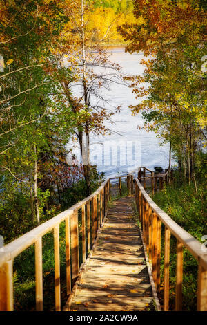 Un escalier en bois avec des rampes menant à une rivière entre une forêt d'arbres aux couleurs de l'automne dans un paysage d'après-midi d'automne Banque D'Images