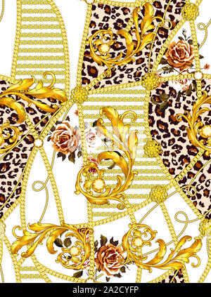 Modèle sans couture à la mode avec des chaînes en or, Leopard et baroque, patch pour imprimer, tissu, textile design sur fond blanc. Banque D'Images