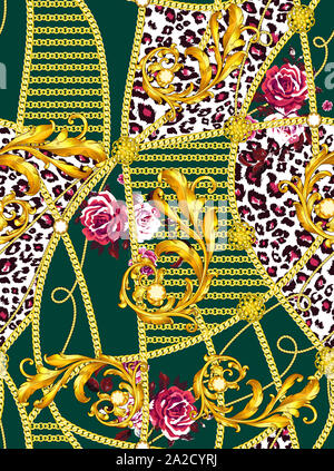 Modèle sans couture à la mode avec des chaînes en or, Leopard et baroque, patch pour imprimer, tissu, textile design sur fond vert. Banque D'Images