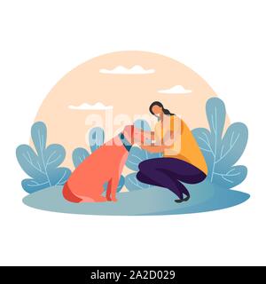 Cartoon femme marche avec chien au parc. Girl, pet Illustration de Vecteur