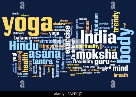 Questions et concepts Yoga illustration nuage de mots. Collage mot concept. Banque D'Images