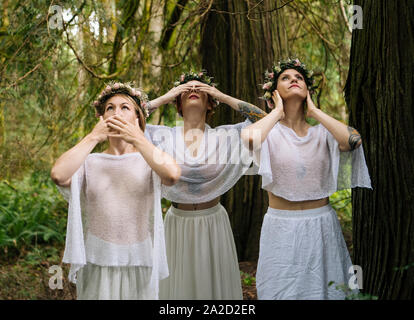 Femme trois nymphes en forêt, Bainbridge Island, Washington, USA Banque D'Images