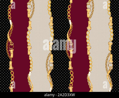 Les courroies d'or antique sans couture et de rayures. vintage couleurs, fond noir à pois blancs, modèle moderne avec le rouge foncé et des couleurs claires. Prêt pour Banque D'Images