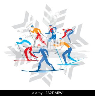 Cross Country Ski Racers sur flocon de l'arrière-plan. Un dessin stylisé expressif de pistes de ski de concurrents. Backgond isolé sur blanc. Illustration de Vecteur