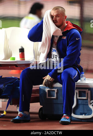 La société britannique Nick Miller dans l'épreuve du lancer du marteau lors de finale la sixième journée des Championnats du monde IAAF au Khalifa International Stadium, Doha, Qatar. Banque D'Images