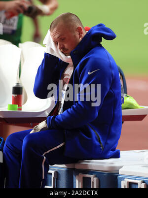 La société britannique Nick Miller dans l'épreuve du lancer du marteau lors de finale la sixième journée des Championnats du monde IAAF au Khalifa International Stadium, Doha, Qatar. Banque D'Images