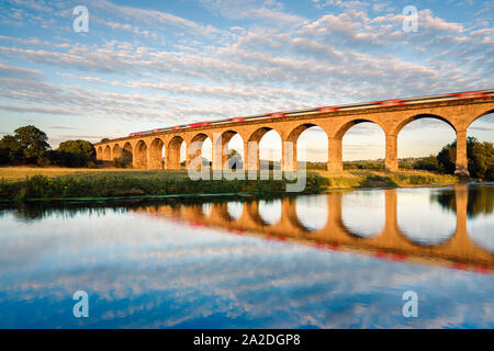 Un train passe Arthington Viaduc durant la soirée heure d'or sur une soirée chaude et sèche au milieu de l'été, toutes reflétées dans la rivière Wharfe. Banque D'Images