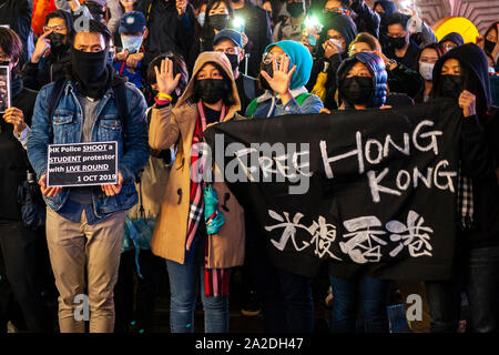 Hong Kong libre manifestation étudiante, Piccadilly Circus, Londres, 1er octobre 2019 Banque D'Images