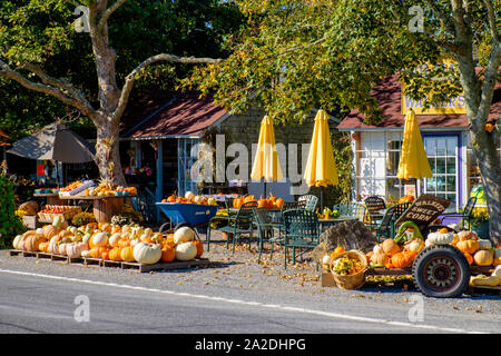 Les citrouilles et d'autres produisent des marcheurs affichée à l'Éventaire à 261 W Main Rd 02837 Little Compton, Rhode Island, USA Banque D'Images