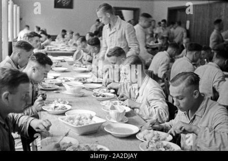 Ohne Mampf kein Kampf ! Die Rekruten der Flieger Ausbildungsstelle Schönwalde beim Mittagessen im Wirtschaftsgebäude, Deutschland, 1930er Jahre. Les recrues de la cantine de la Flieger Ausbildungsstelle Banque D'Images