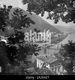 Blick auf die Kurstadt Bad Ems an der Lahn, Deutschland 1930 er Jahre. Vue de station thermale de Bad Ems et la rivière Lahn, Allemagne 1930. Banque D'Images