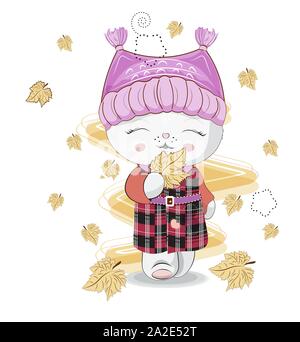 Peu d'automne charmant chat dans un manteau et avec chapeau. Peut être utilisé pour t-shirt print, Kids wear fashion design, carte d'invitation de douche de bébé. Illustration de Vecteur