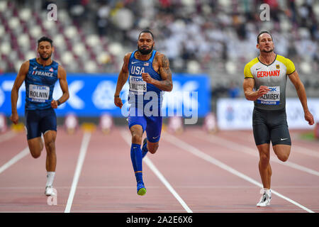 DOHA, QATAR. 09Th Oct, 2019. Devon Williams de l'UDS (centre) fait concurrence à Mens 100M Decathlon pendant jour 6 de l'IAAF World Athletics Championships - 2019 de Doha à Khalifa International Stadium le mercredi, Octobre 02, 2019 À DOHA, QATAR. Credit : Taka G Wu/Alamy Live News Banque D'Images