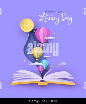 La Journée internationale de l'alphabétisation, carte de souhaits illustration de livre ouvert avec papier mignon montgolfières en style moderne papercut. L'éducation des enfants ou re Illustration de Vecteur