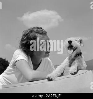 Eine junge Frau sitzt am Faltdach Foxterrier mit einer Ford v8 Cabrio, Deutschland 1930 er Jahre. Une jeune femme assise par la fodling toit d'un Ford V8 décapotable avec son chiot fox terrier, Allemagne 1930. Banque D'Images