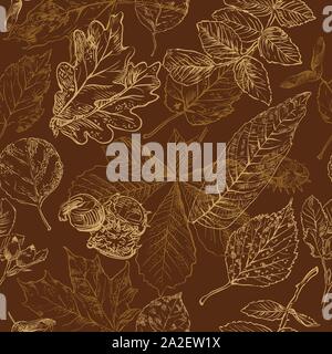 Automne vecteur dessin à la main avec motif transparent, marronnier, chêne, feuilles de rose musquée Rowan esquisse sur le fond brun. Ligne d'automne feuillage d'art Illustration de Vecteur