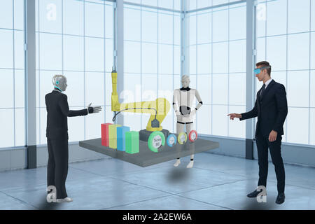 Le rendu 3D business man en utilisant la réalité augmentée mixte virtuel et discuter avec robot intelligent artificiel sur des données dans l'industrie, de la fabrication, f Banque D'Images