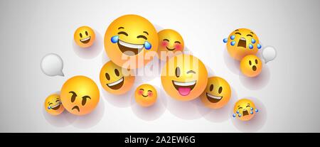Émoticônes jaune drôle en style 3d réaliste isolées sur fond blanc. Chat Social icons : bulle de texte, heureux, mignon et triste d'émotions. Illustration de Vecteur