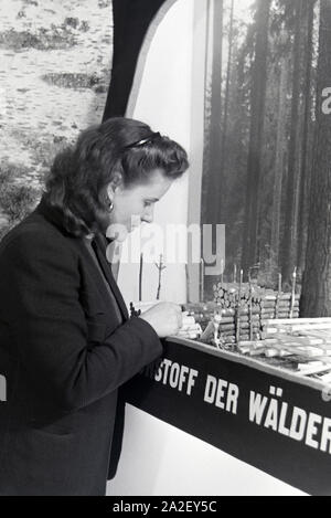 Eine der Leipziger Frühjahrsmesse Besucherin vor einem Modell der Rohstoffnutzung Holz, Deutschland 1941. Un visiteur de la Leipziger Frühjahrsmesse en face d'un modèle de l'utilisation de la matière première bois, Allemagne 1941. Banque D'Images