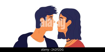 Jeune couple romantique illustration, teen femme et l'homme à la recherche dans les yeux pour la Saint-Valentin ou relation jeunesse concept. Télévision cartoon cha Illustration de Vecteur