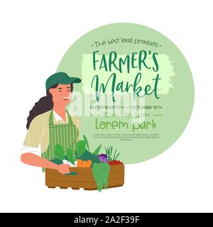 Farmer's Market cas modèle pour l'alimentation et l'agriculture biologiques vente de produit. Happy woman holding travailleur agricole caisse de légumes en télévision cartoon style. Illustration de Vecteur