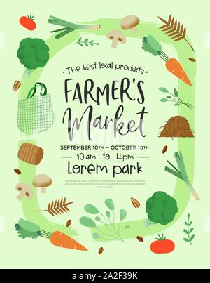 Farmer's Market cas modèle pour l'alimentation et l'agriculture biologiques vente de produits de légumes verts avec des icônes dans le style dessiné à la main. Illustration de Vecteur