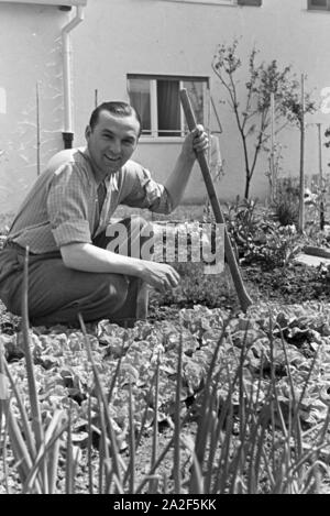 Der Autorennfahrer Hermann Lang bei der Gartenarbeit, Deutschland 1930 er Jahre. Le pilote de course Hermann Lang fait quelques travaux de jardinage, de l'Allemagne des années 1930. Banque D'Images