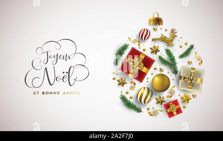 Joyeux Noël Bonne Année langue française carte de souhaits de vacances 3d en forme de décoration babiole. Ornement noël luxe réaliste Mise en page comprend Illustration de Vecteur