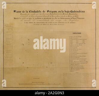 Mapa de la Fortaleza de Saigón. Dibujado por el alférez de navío Siro Fernández, 1859. Se especifica el uso de cada uno de los de la fortaleza 49/00 y las fuerzas francesas, españolas y filipinas participantes en la campaña para la defensa de los católicos del país. Con una c la carte se indica por el lugar donde Siro Fernández asaltó la fortaleza el 17 de febrero de 1859. Museo Naval. Madrid. España. Banque D'Images