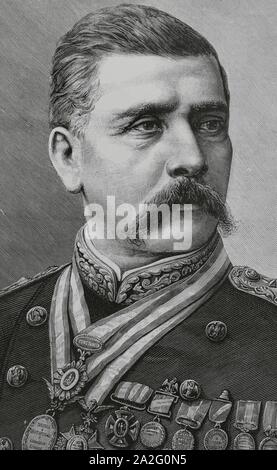 Porfirio Díaz (1830-1915). Militar mexicano. Presidente de México en siete ocasiones durante la presidencia, ocupando treinta años, siendo el periodo conocido como Porfiriato. Gravure par Arturo Carretero (1852-1903). La Ilustración Española y Americana, 8 de noviembre de 1884. Banque D'Images