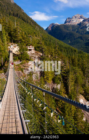 Pont suspendu au sommet de la Télécabine Sea to Sky lodge de Misty, temps brumeux, Squamish, BC, Canada Banque D'Images