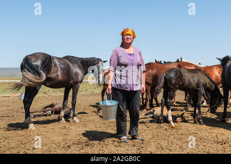 Tash San, le Kirghizistan - 13 août 2019 : femme nomade debout devant ses chevaux Banque D'Images