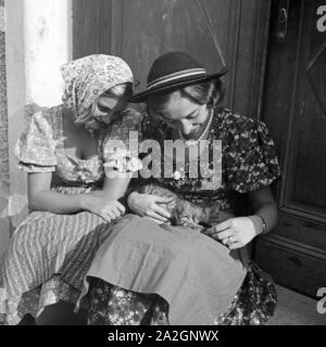 Zwei junge Frauen in Landhausmode spielen mit einer Katze, Österreich 1930er Jahre. Deux jeunes femmes portant la mode campagne jouant avec un chat, Autriche 1930. Banque D'Images