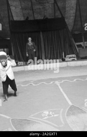 Ein Affe in der Manege einem Karlsbader Zirkus, Deutsches Reich 1930er Jahre. Un singe dans le cirque dans un cirque à Karlsbad, Allemagne 1930. Banque D'Images