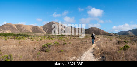 Père et fils randonnées dans le Montana de Oro State Park avec Valenica pic dans la distance, Los Osos, California, USA Banque D'Images