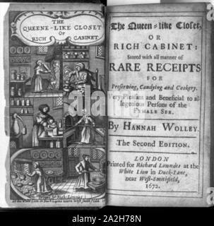 Frontispice gravé montrant des scènes de cuisson 5 et page de titre de Hannah Wolley, la reine-comme penderie. 1672 Banque D'Images